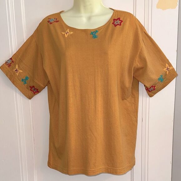Vintage 80s/90s French Navy Gold/Orange Embroidered Neck & Sleeves Top - Picture 1 of 10
